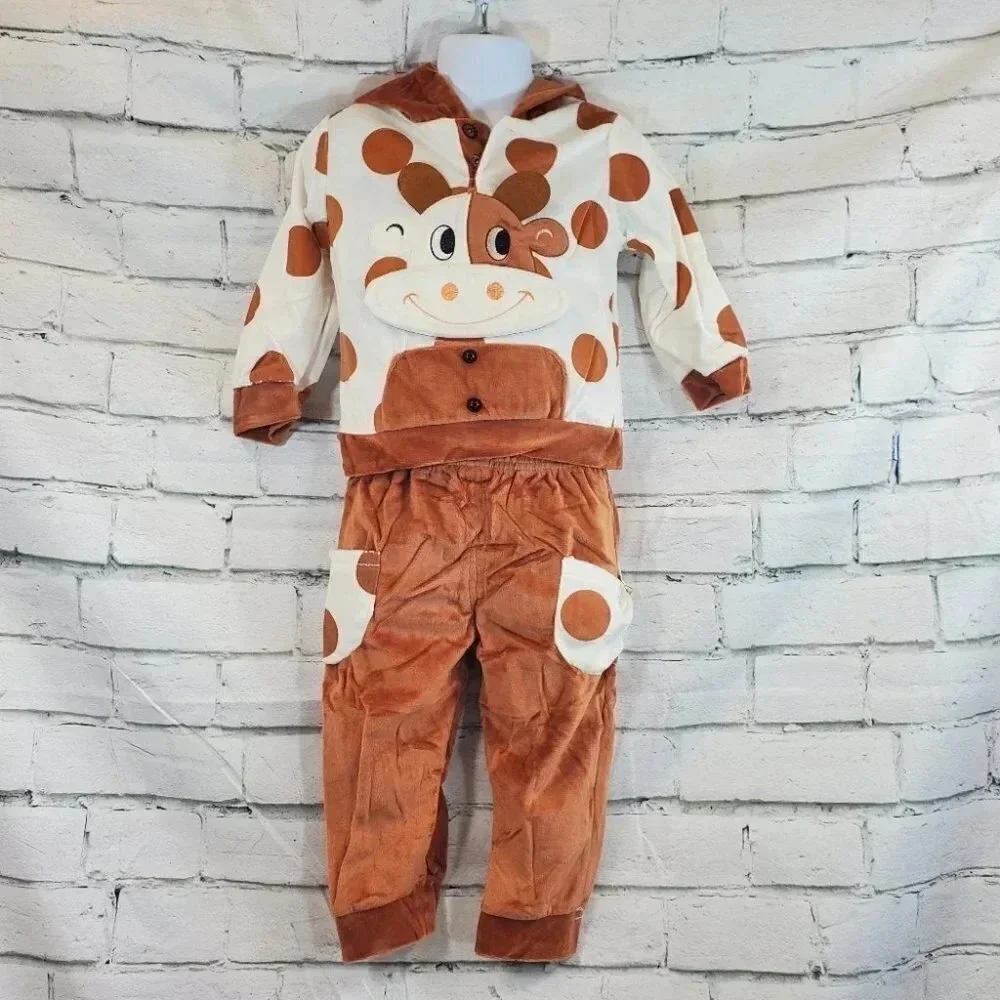 9-12M -Super Soft Brown and White Cow 2 piece Velvet with Hooded Ears Baby  Set